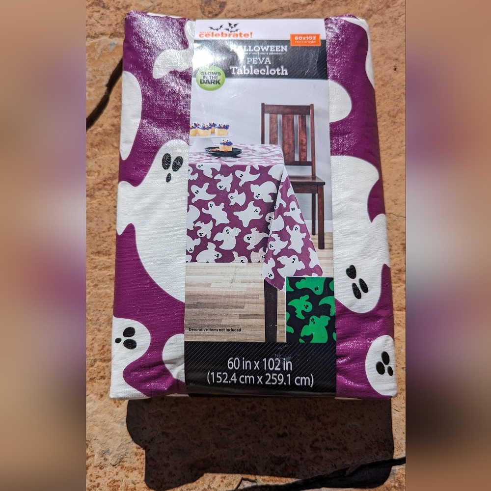 Halloween PVC Plastic Tablecloth Glow In The Dark Ghosts 60”X 102"